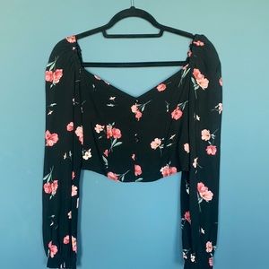 H&M Black Floral Long Sleeve Crop Top